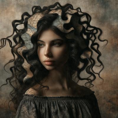The primary subject of the image is a woman with long, curly hair. She is wearing a black and white dress and has a map on her head. The setting is a room with a wall visible in the background. The visual style is a painting, and the colors and mood are dark and dramatic.